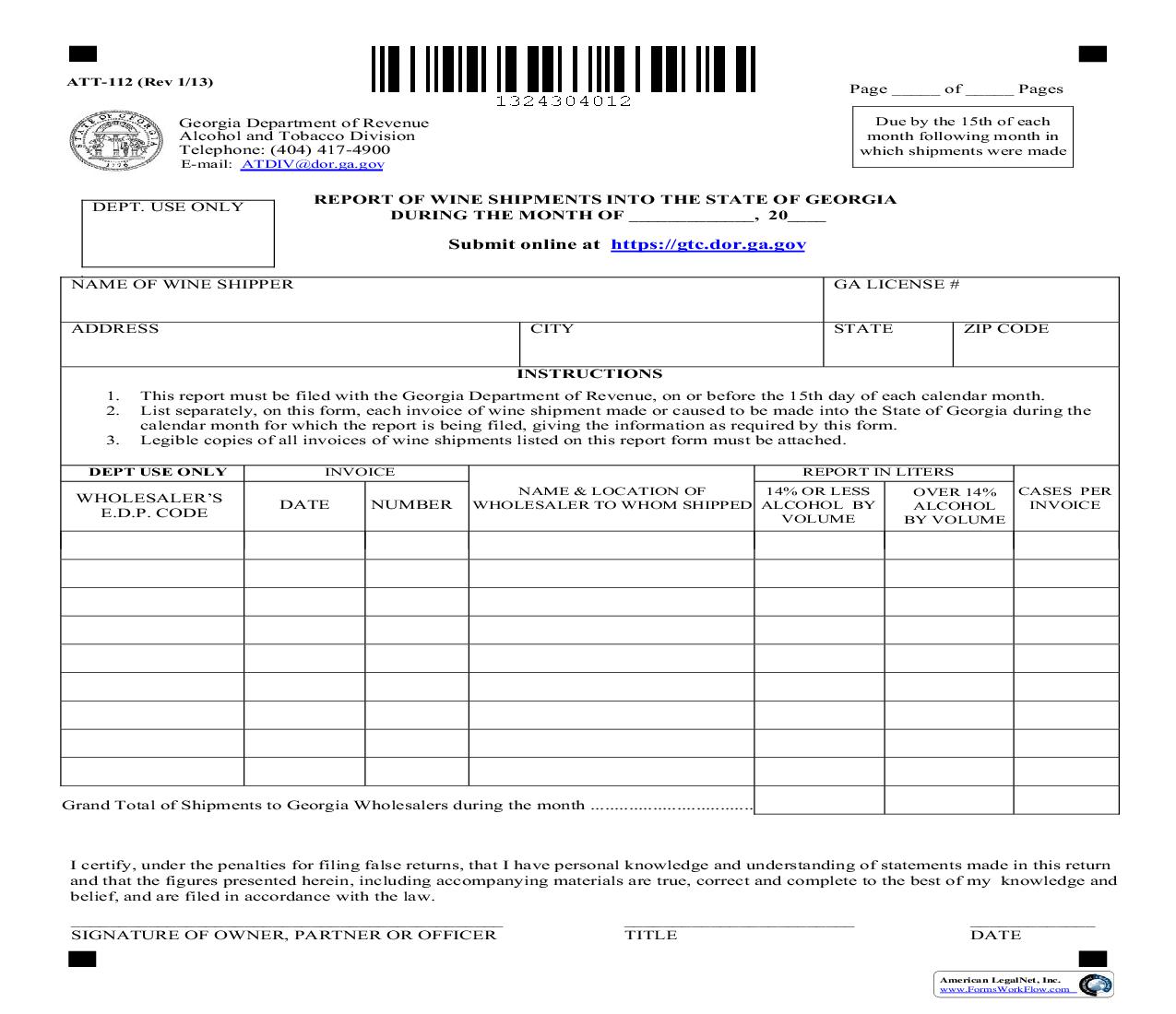Report Of Wine Shipments Into State Of Gergia {ATT-112} | Pdf Fpdf Doc Docx | Georgia