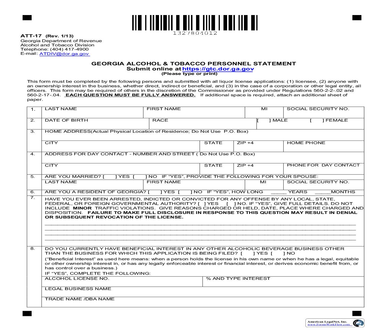State Beverage Alcohol Personnel Statement {ATT-17} | Pdf Fpdf Doc Docx | Georgia