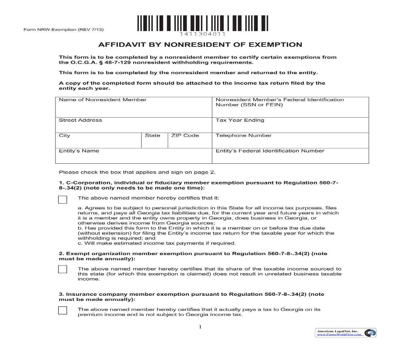 Affidavit By Nonresident Of Exemption {NRW-Exemption} | Pdf Fpdf Doc Docx | Georgia