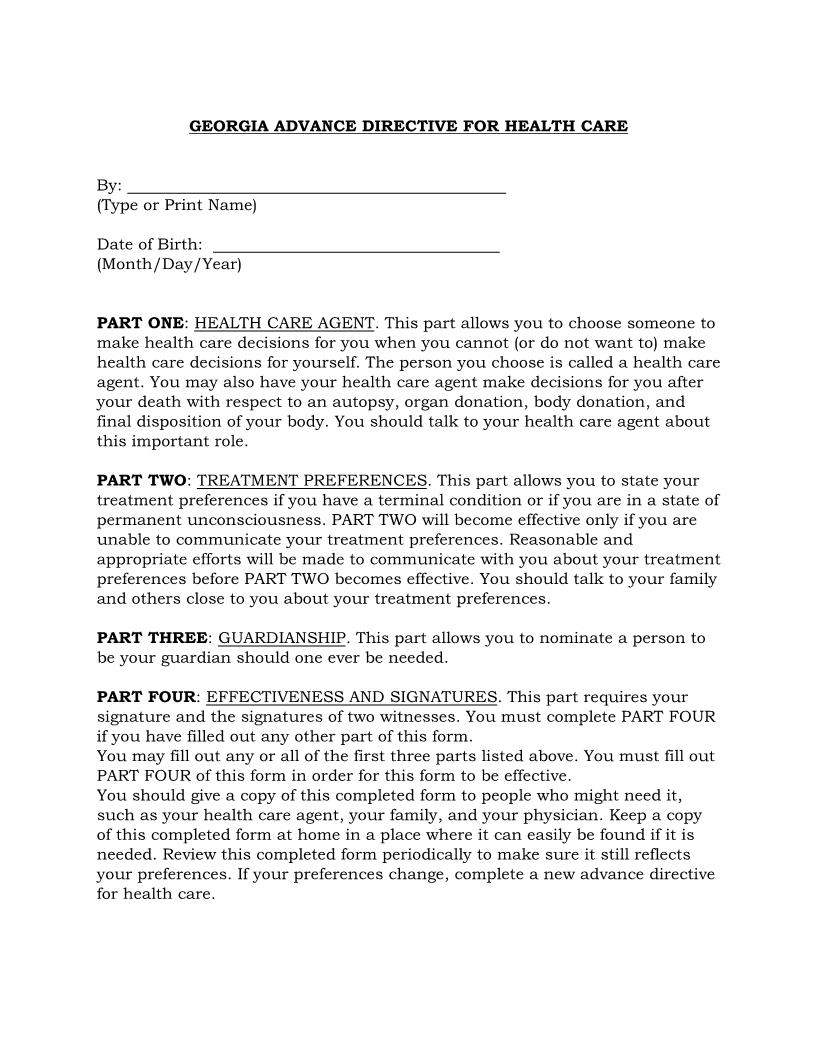 Advance Directive For Health Care | Pdf Fpdf Docx | Georgia