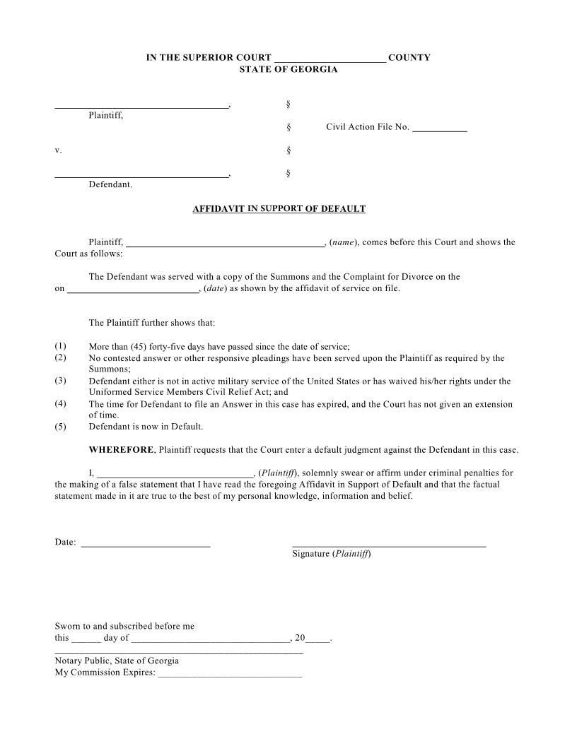 Affidavit In Support Of Default | Pdf Fpdf Docx | Georgia