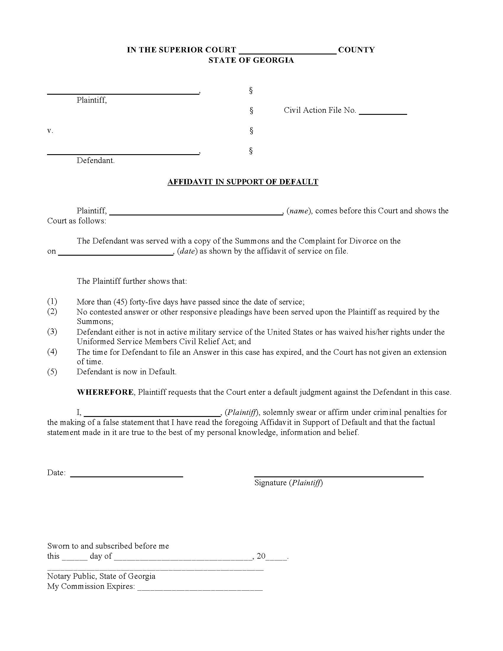 Affidavit In Support Of Default | Pdf Fpdf Docx | Georgia