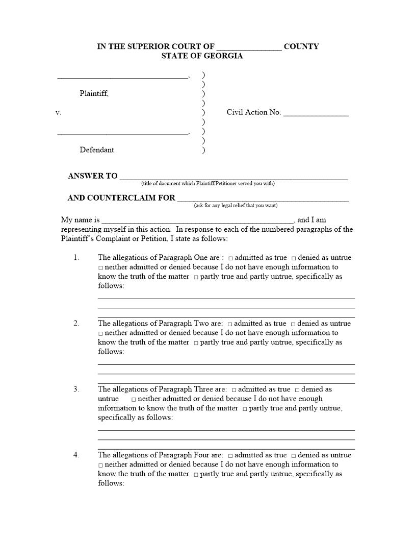 Answer And Counterclaim | Pdf Fpdf Docx | Georgia