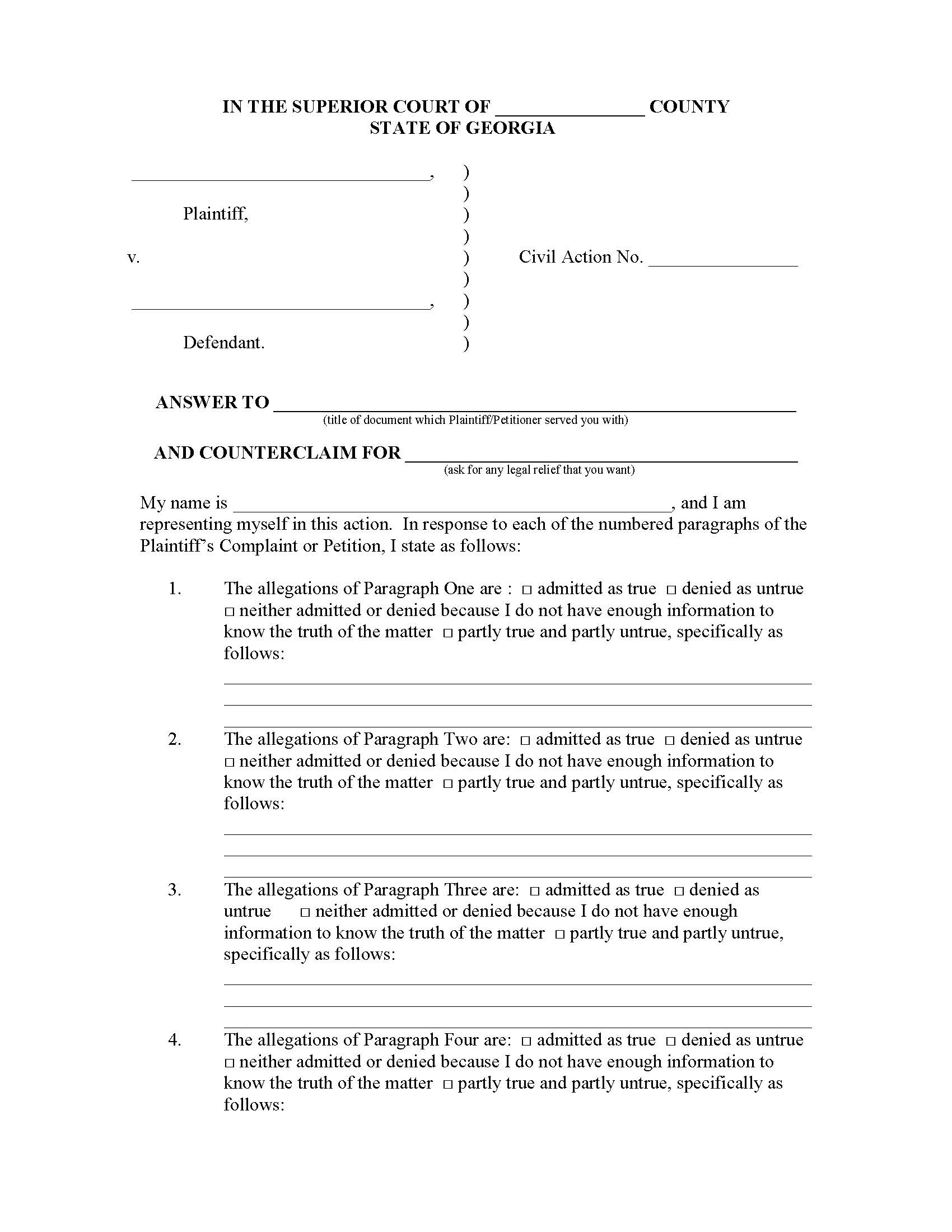 Answer And Counterclaim | Pdf Fpdf Docx | Georgia