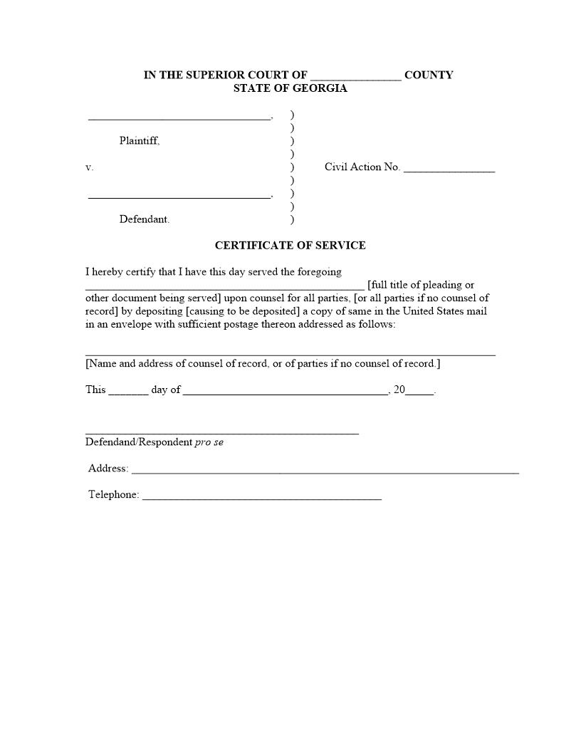 Certificate Of Service | Pdf Fpdf Docx | Georgia