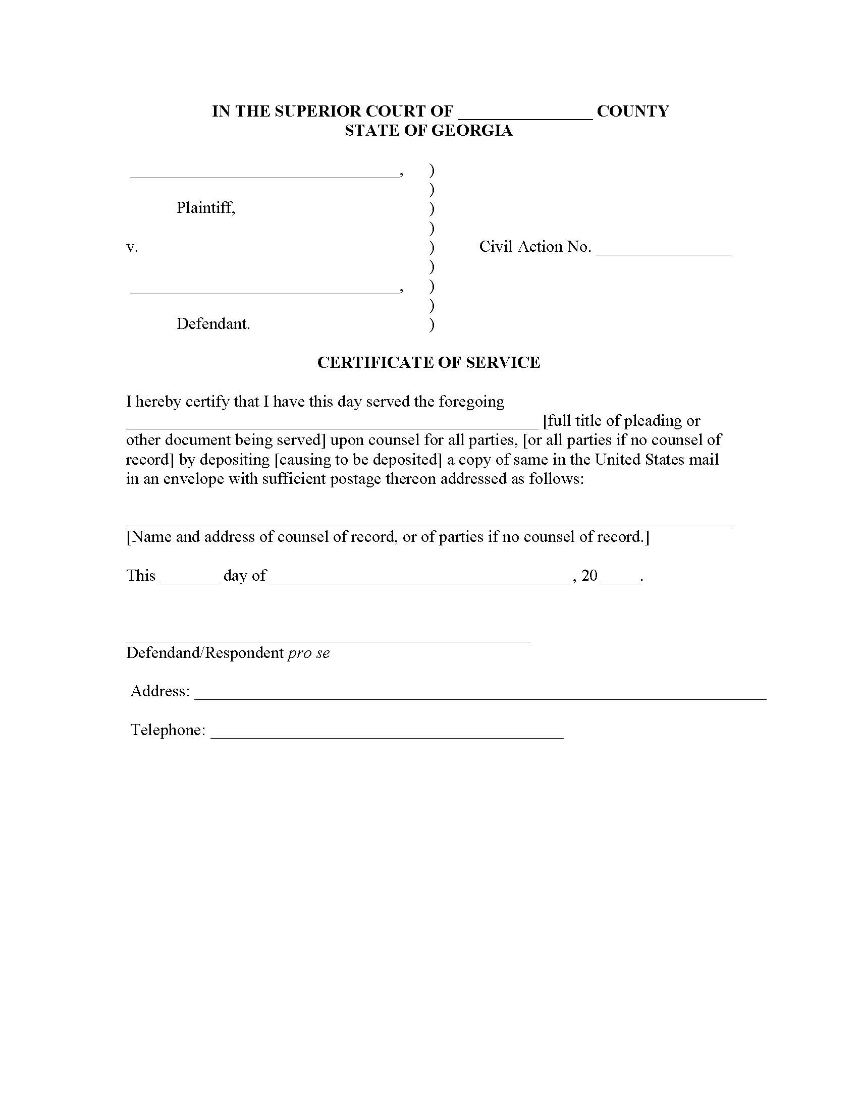 Certificate Of Service | Pdf Fpdf Docx | Georgia