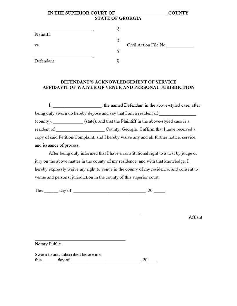 Defendants Affidavit Of Waiver Of Venue | Pdf Fpdf Docx | Georgia