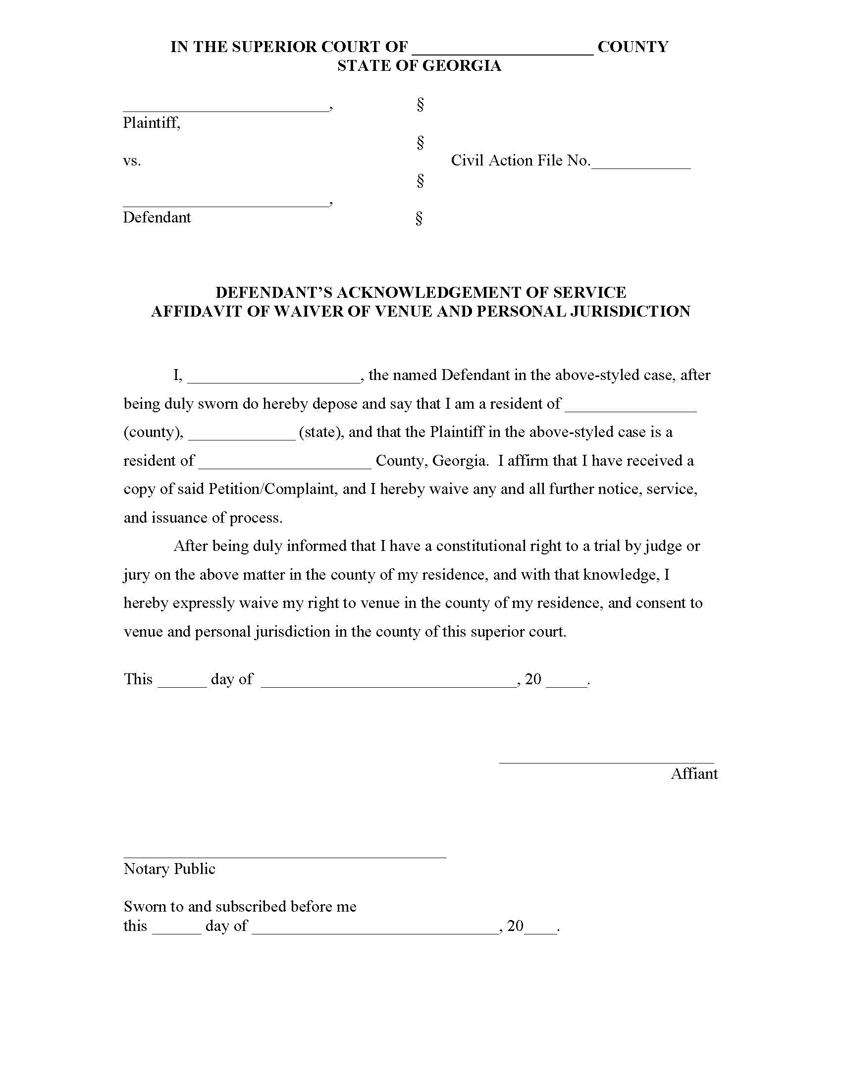 Defendants Affidavit Of Waiver Of Venue | Pdf Fpdf Docx | Georgia