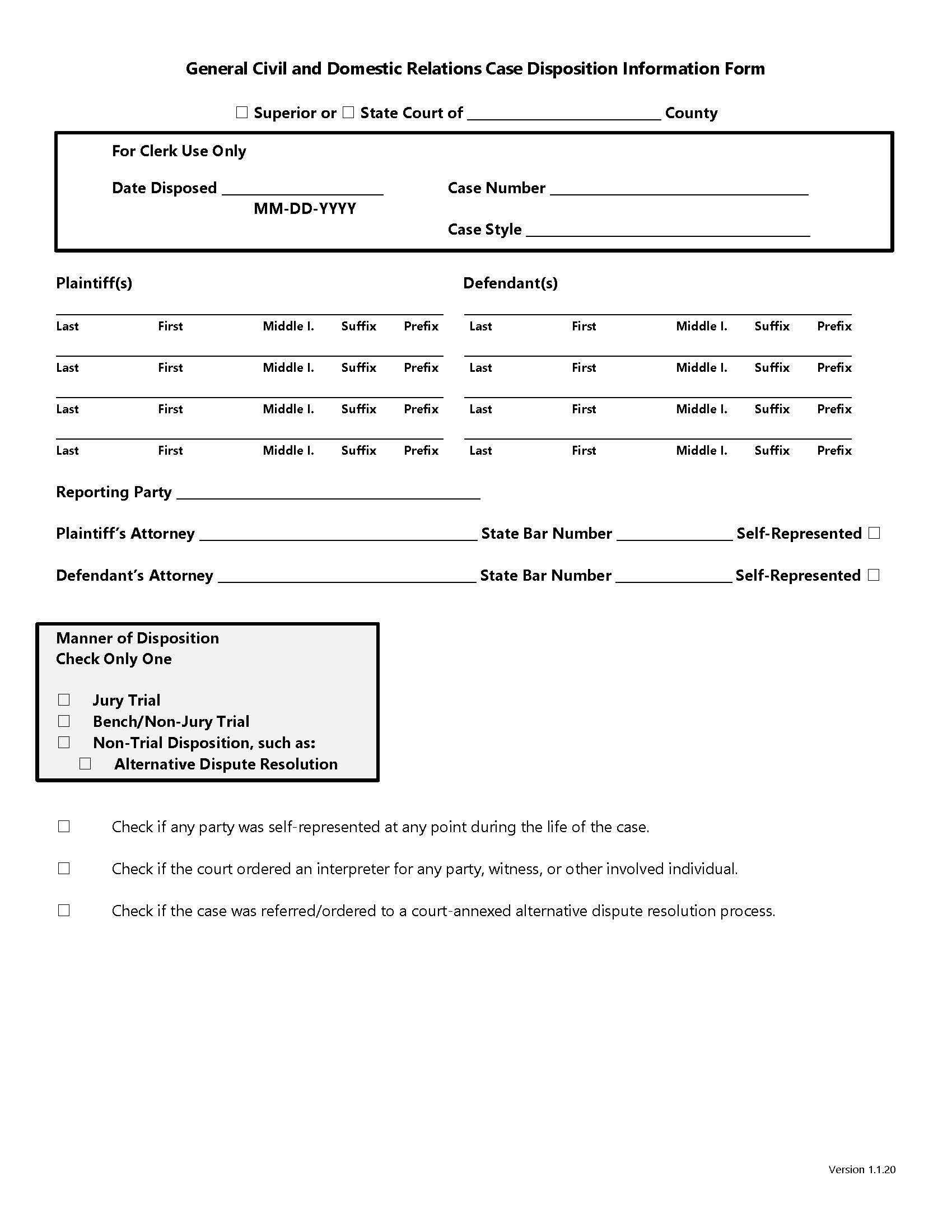 General Civil And Domestic Relations Case Disposition Information Form | Pdf Fpdf Docx | Georgia