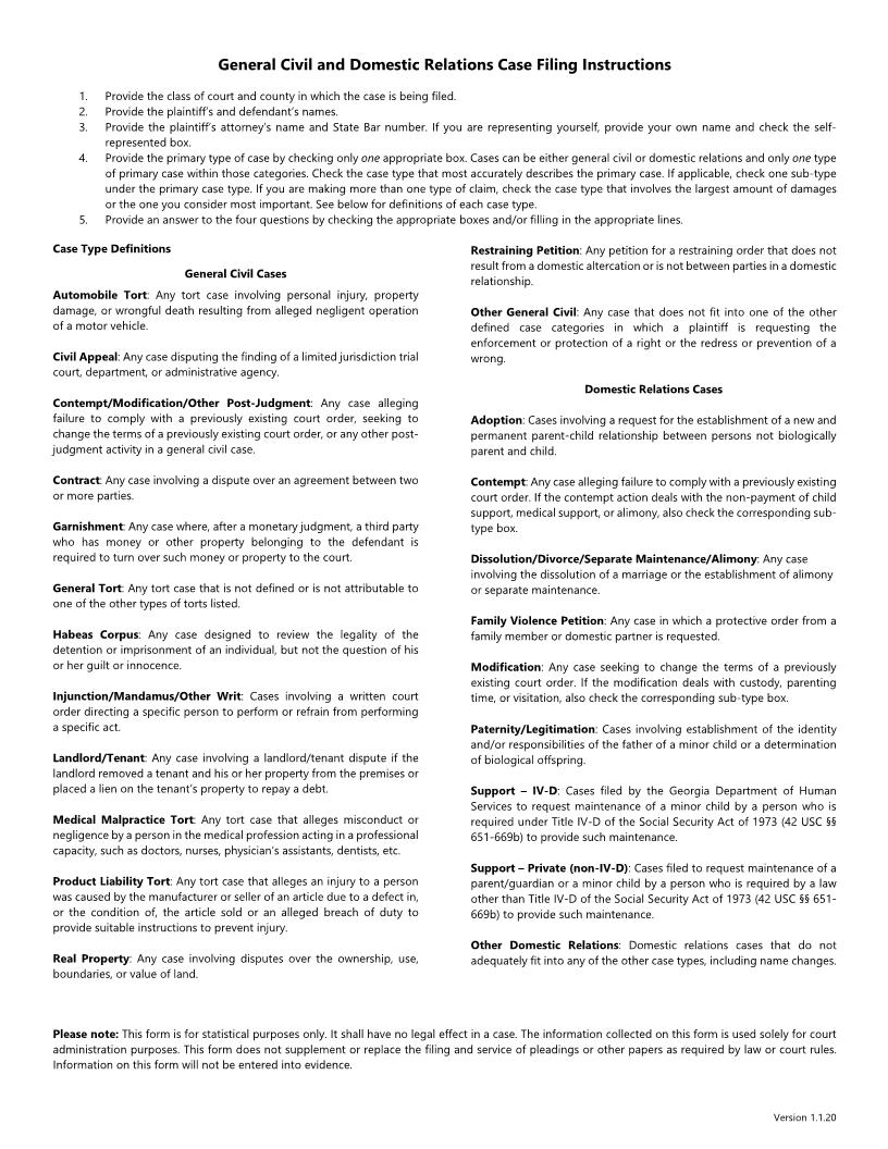 General Civil And Domestic Relations Case Filing Information Form | Pdf Fpdf Docx | Georgia