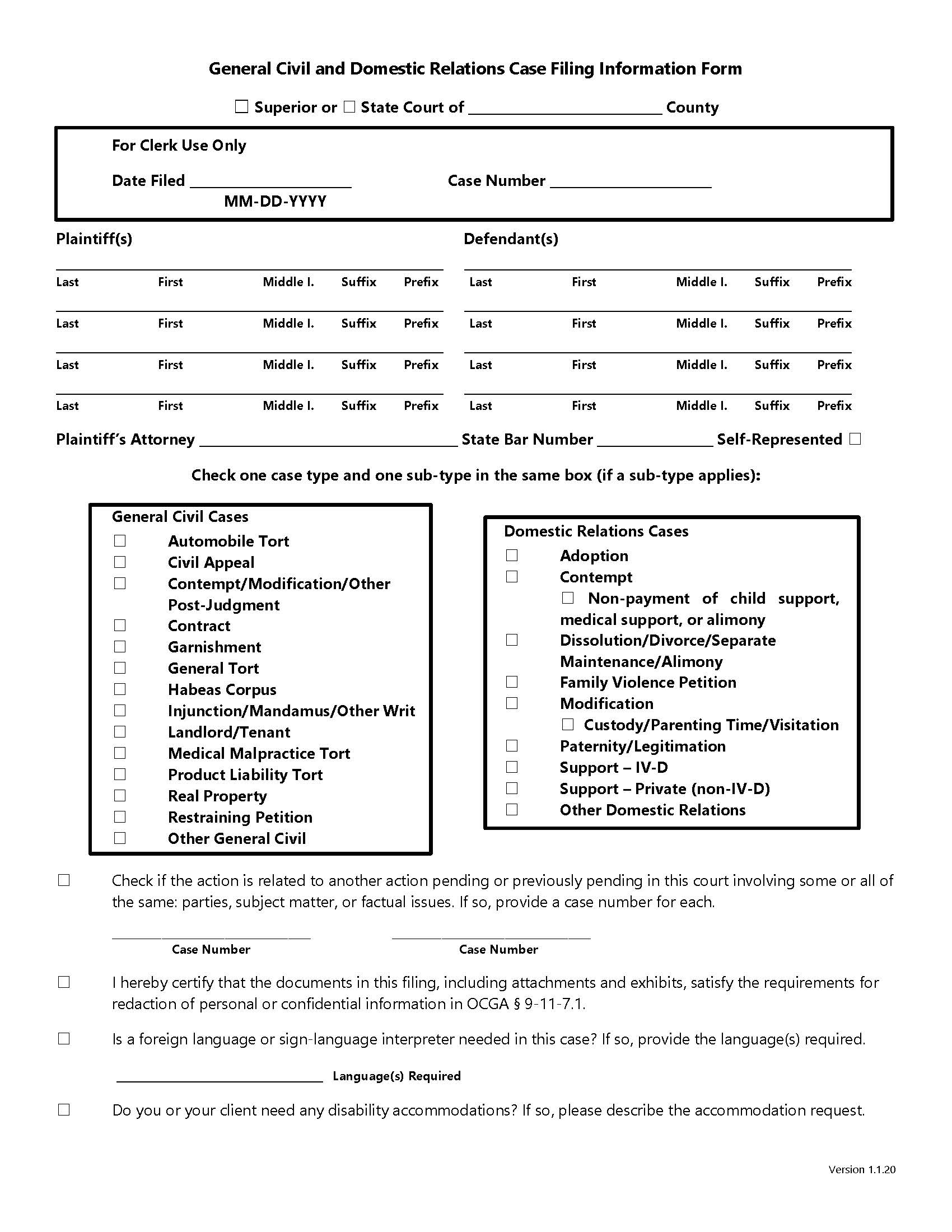 General Civil And Domestic Relations Case Filing Information Form | Pdf Fpdf Docx | Georgia