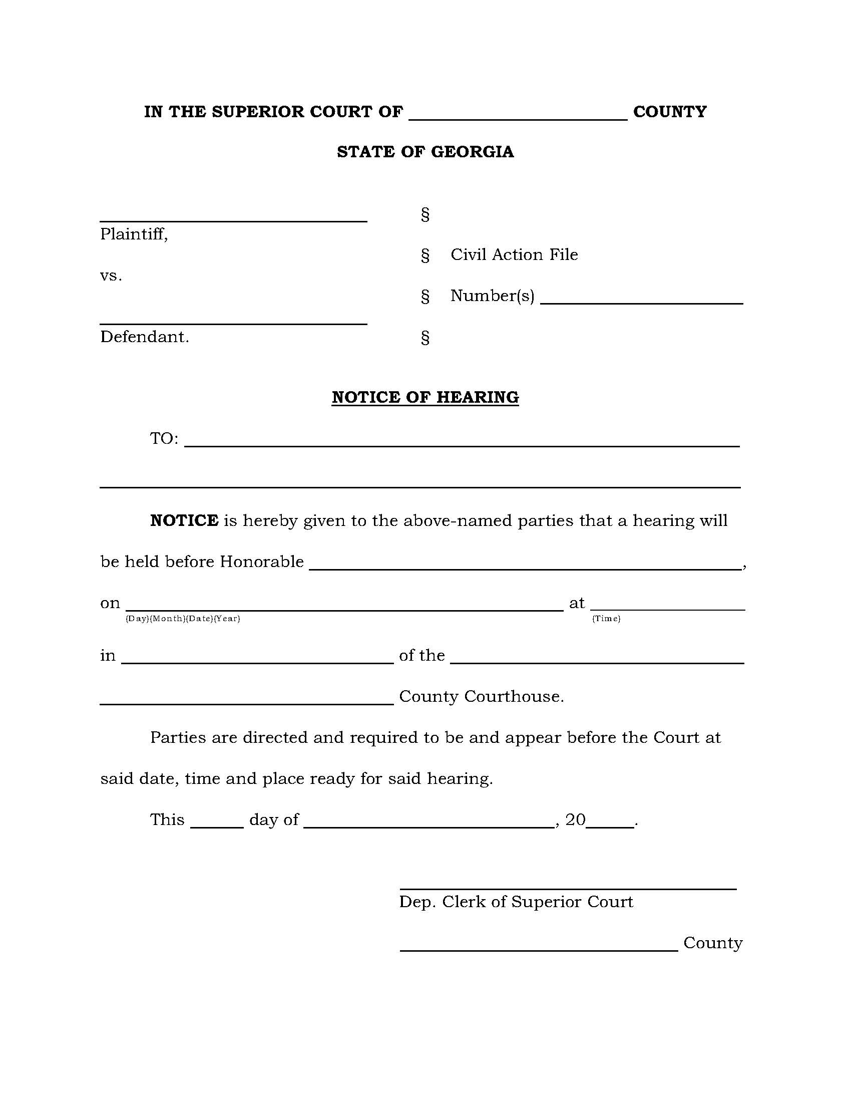 Notice Of Hearing | Pdf Fpdf Docx | Georgia