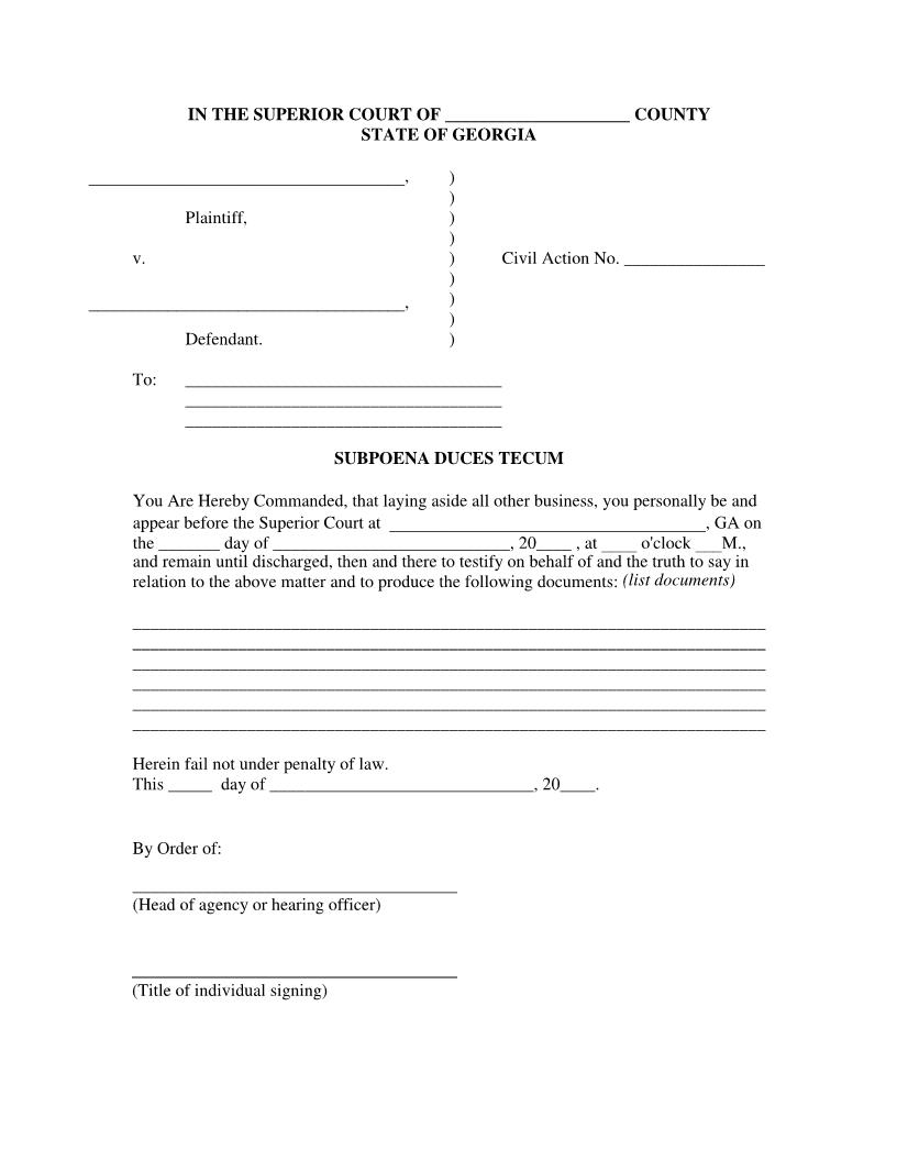 Subpoena Duces Tecum | Pdf Fpdf Docx | Georgia