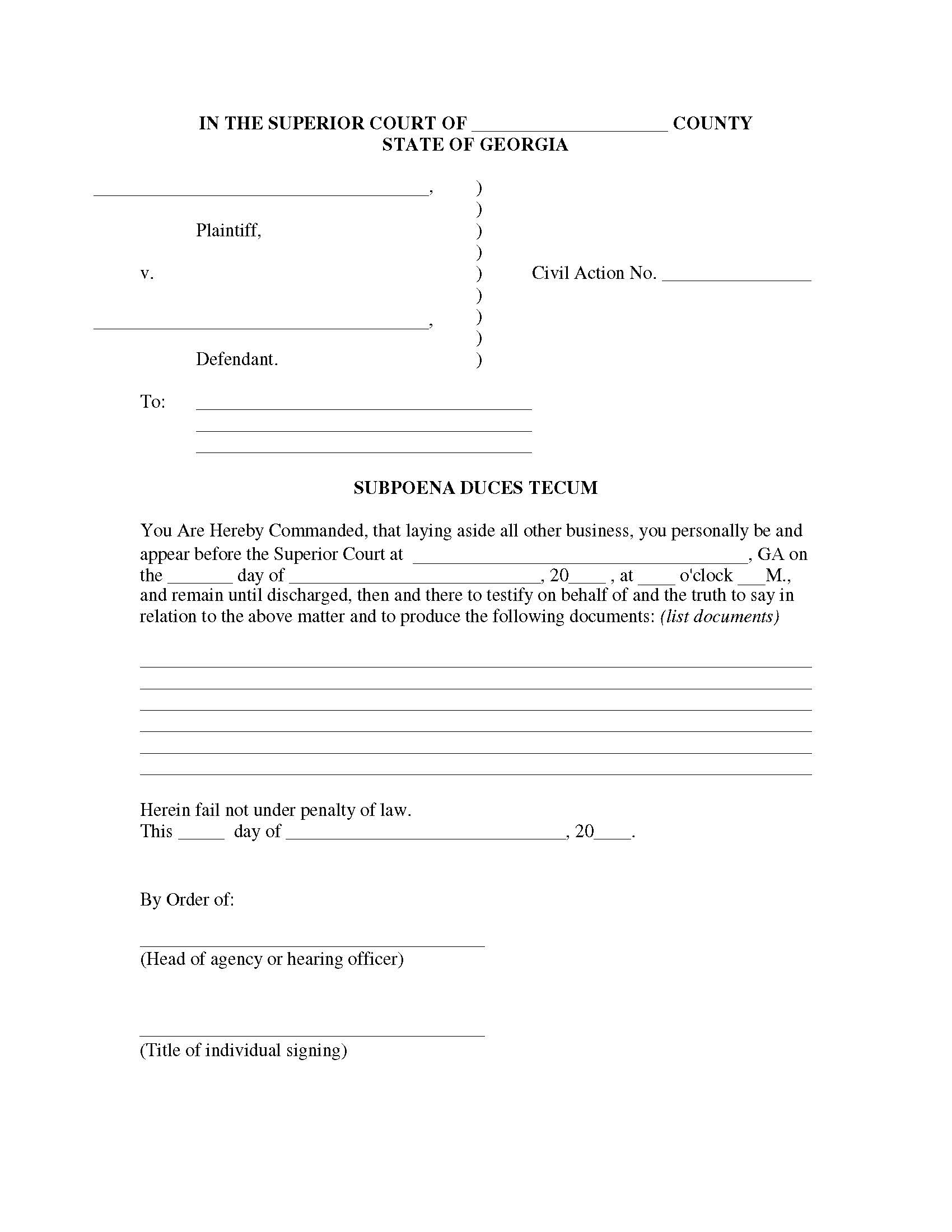 Subpoena Duces Tecum | Pdf Fpdf Docx | Georgia