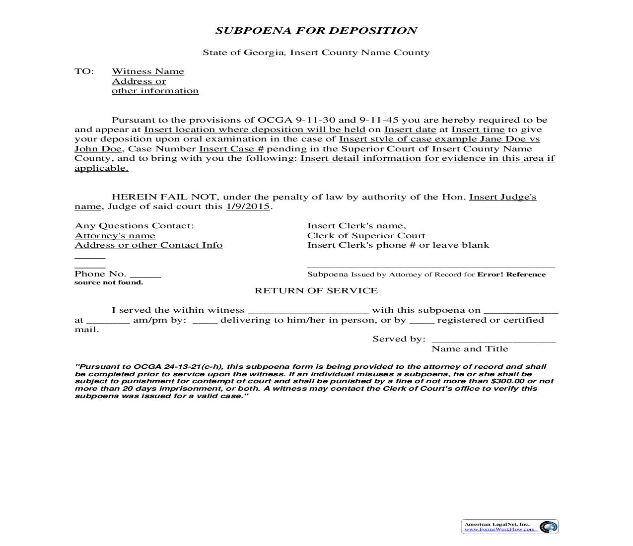 Subpoena For Deposition | Pdf Fpdf Doc Docx | Georgia