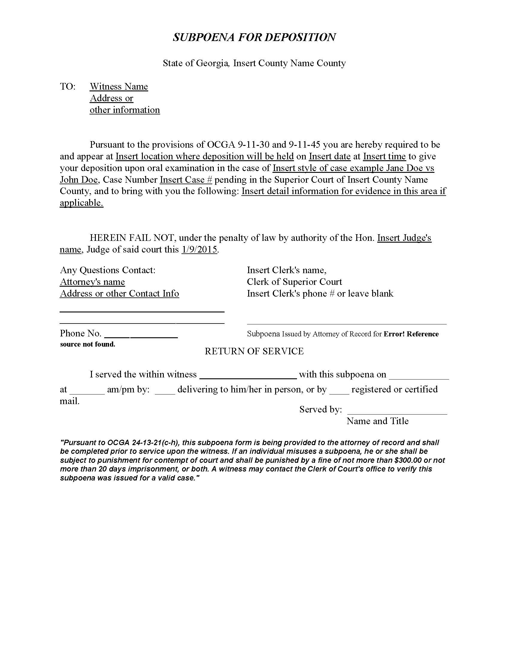 Subpoena For Deposition | Pdf Fpdf Doc Docx | Georgia