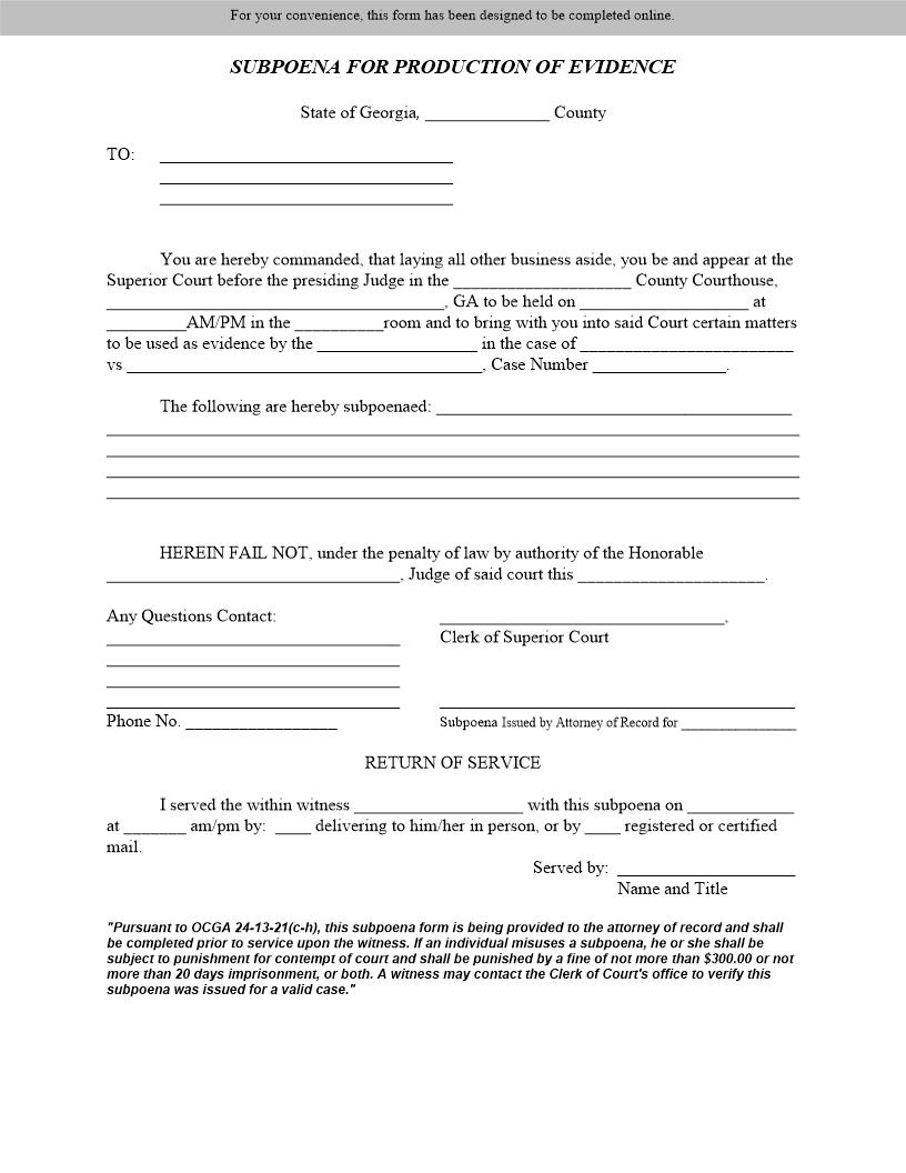 Subpoena For The Production Of Evidence | Pdf Fpdf Docx | Georgia