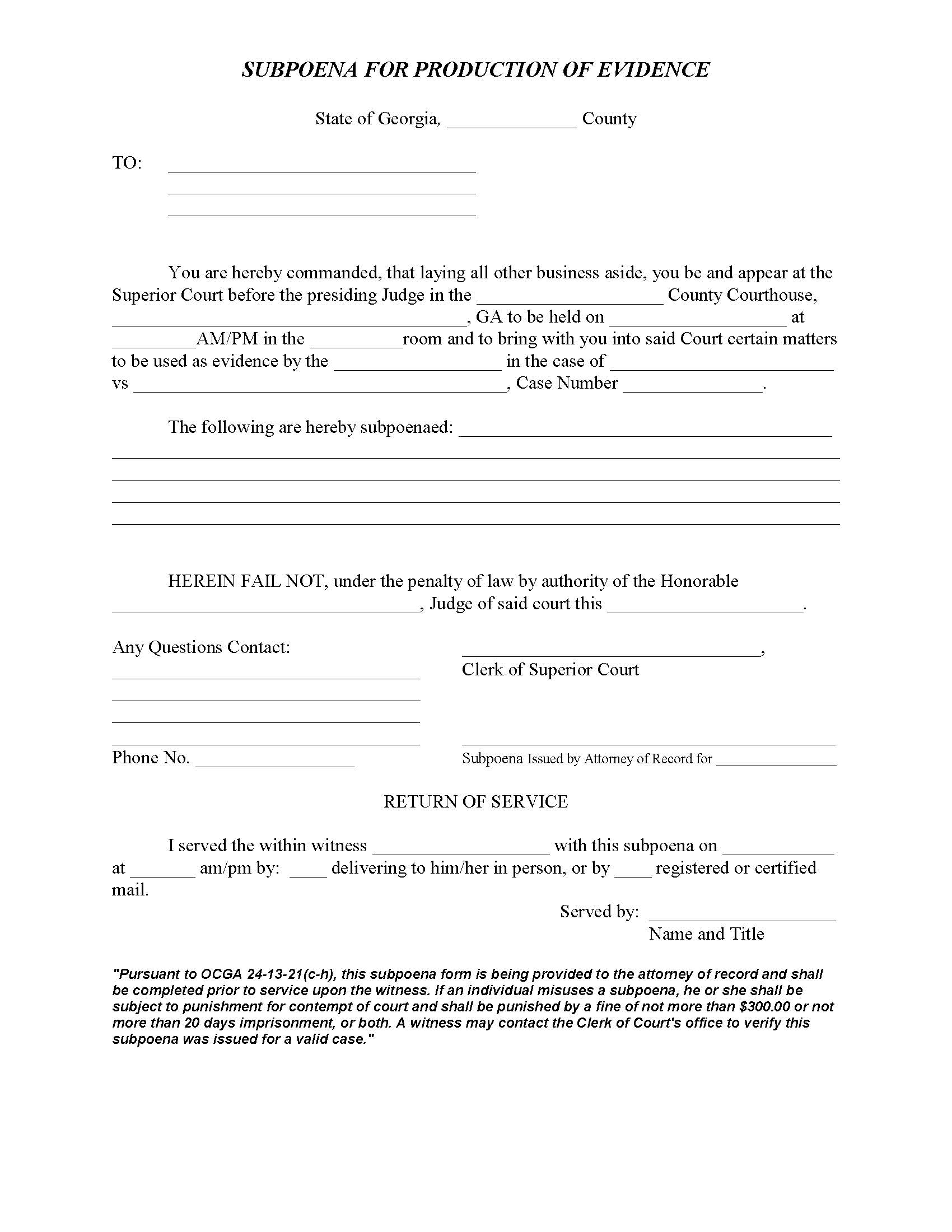 Subpoena For The Production Of Evidence | Pdf Fpdf Docx | Georgia