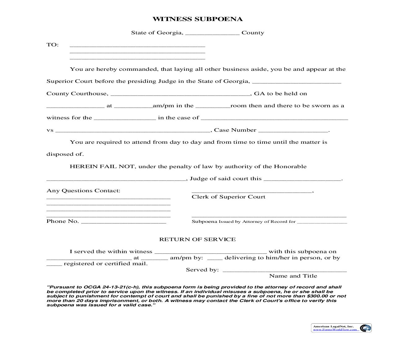 Witness Subpoena | Pdf Fpdf Doc Docx | Georgia