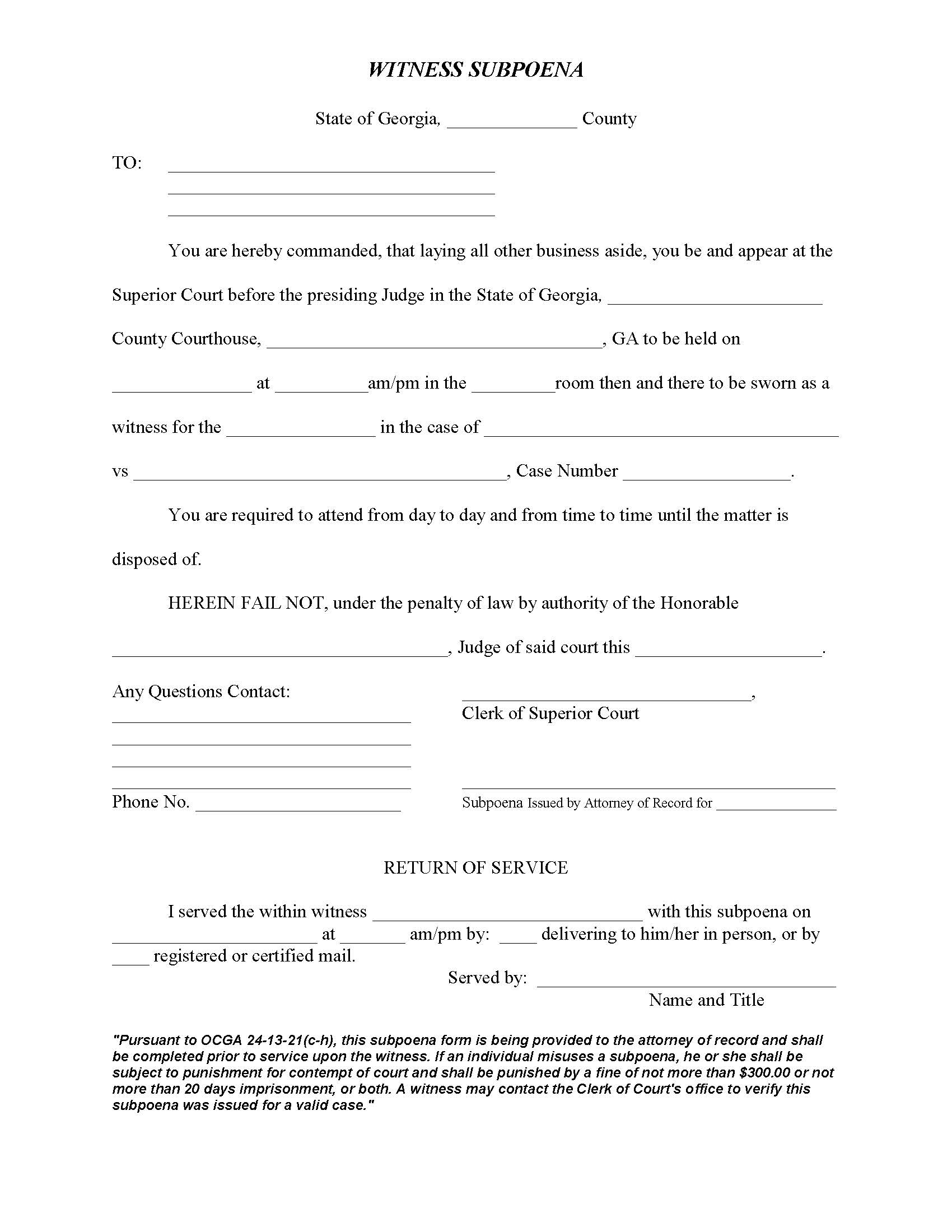 Witness Subpoena | Pdf Fpdf Doc Docx | Georgia