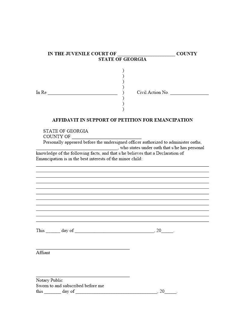 Affidavit In Support Of Petition For Emancipation | Pdf Fpdf Docx | Georgia