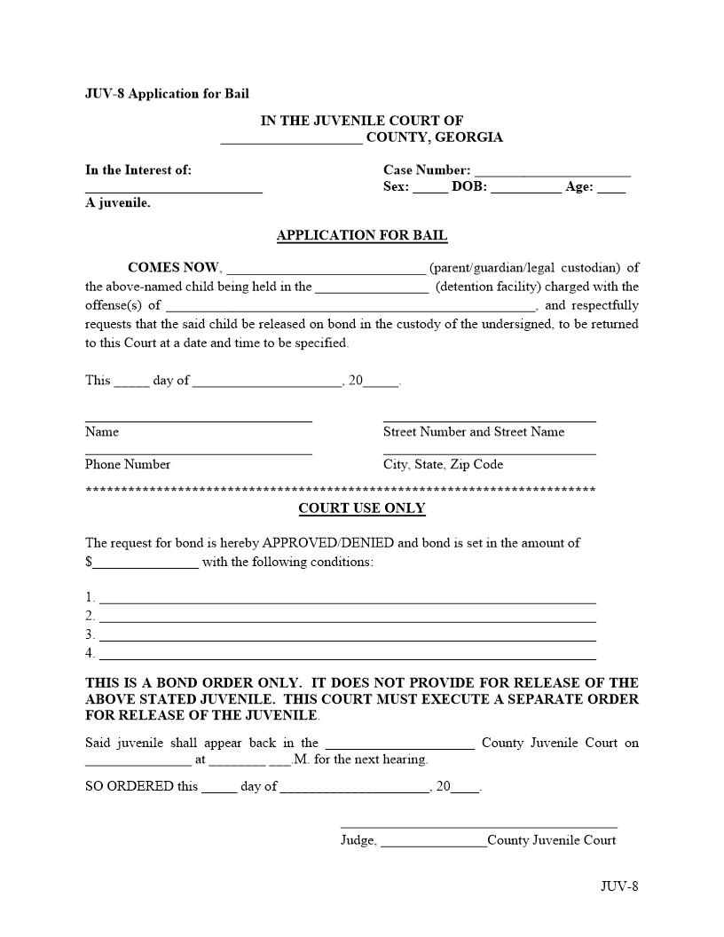 Application For Bail {JUV-8} | Pdf Fpdf Docx | Georgia