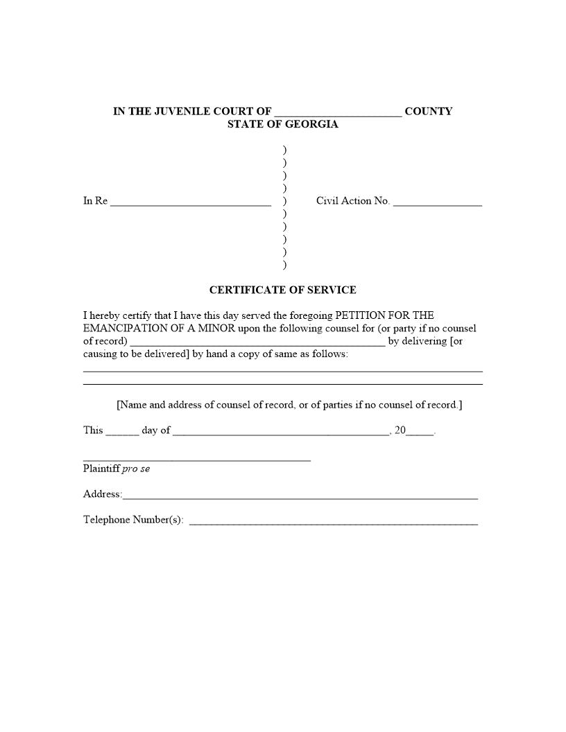 Certificate Of Service (Emancipation Of Minor) | Pdf Fpdf Docx | Georgia