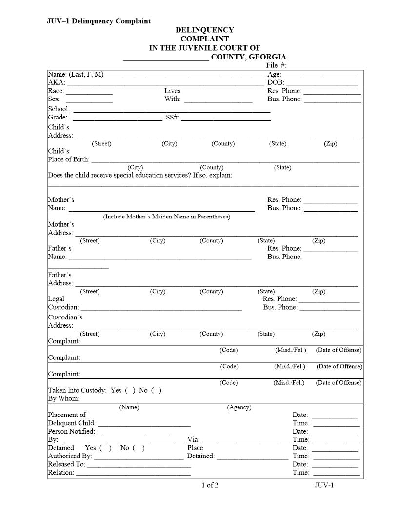 Delinquency Complaint {JUV-1} | Pdf Fpdf Docx | Georgia