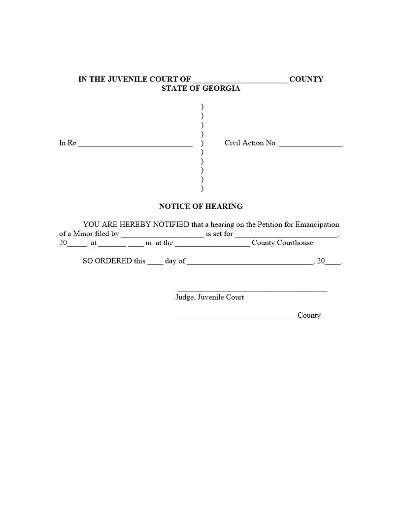 Notice Of Hearing (Emancipation Of Minor) | Pdf Fpdf Docx | Georgia