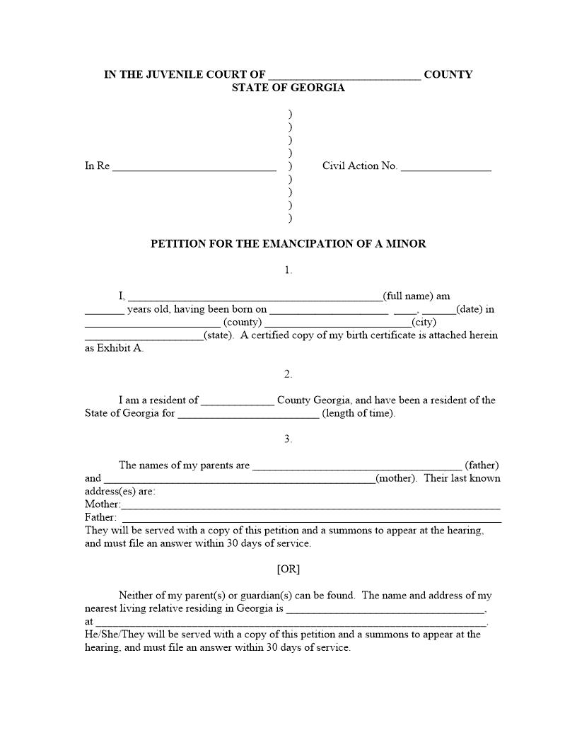 Petition For The Emancipation Of A Minor | Pdf Fpdf Docx | Georgia