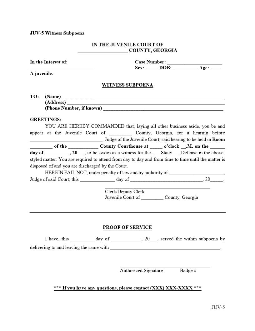 Witness Subpoena {JUV-5} | Pdf Fpdf Docx | Georgia