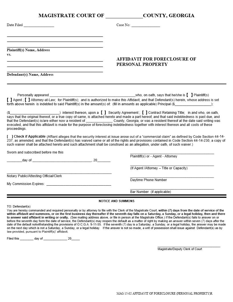 Affidavit For Foreclosure Of Personal Property | Pdf Fpdf Docx | Georgia
