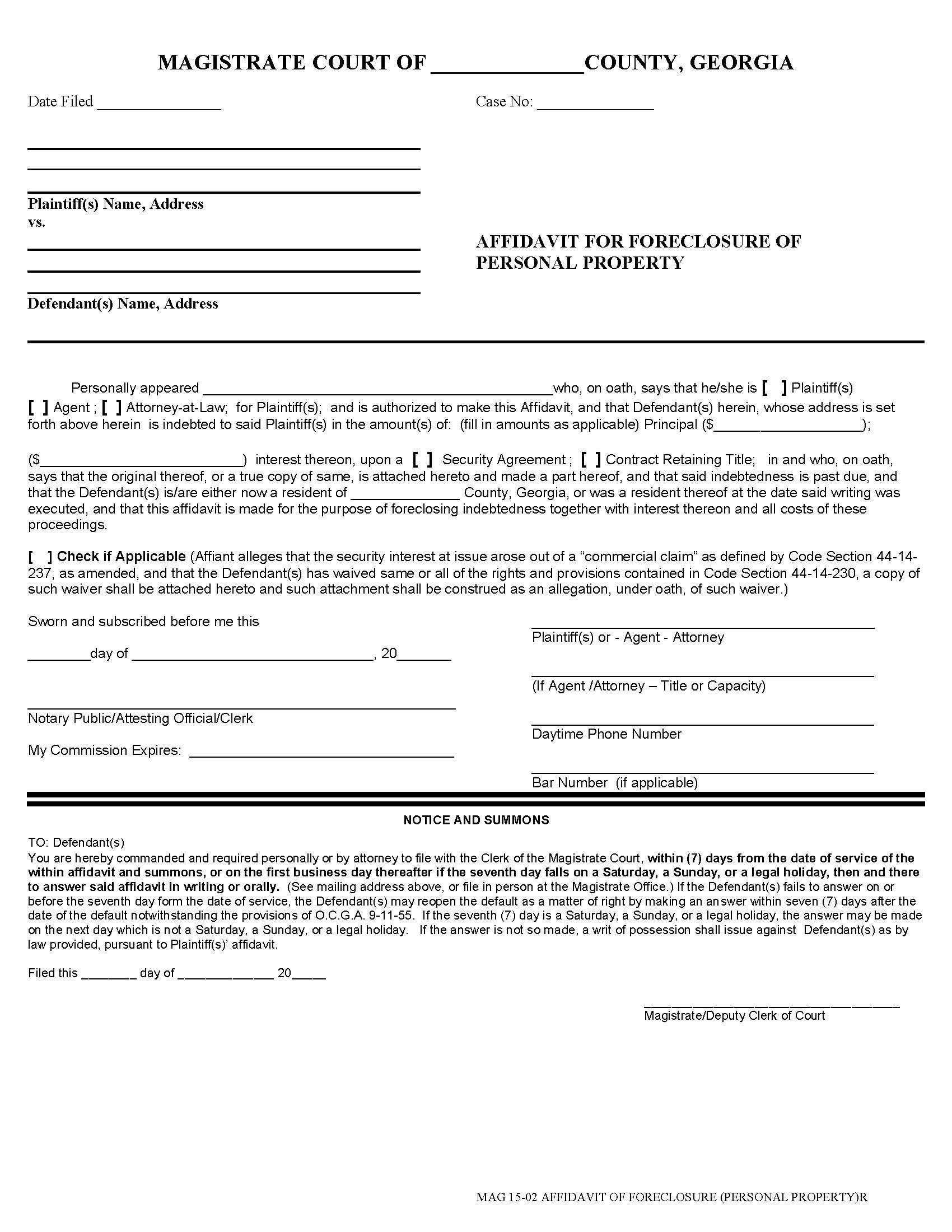 Affidavit For Foreclosure Of Personal Property | Pdf Fpdf Docx | Georgia