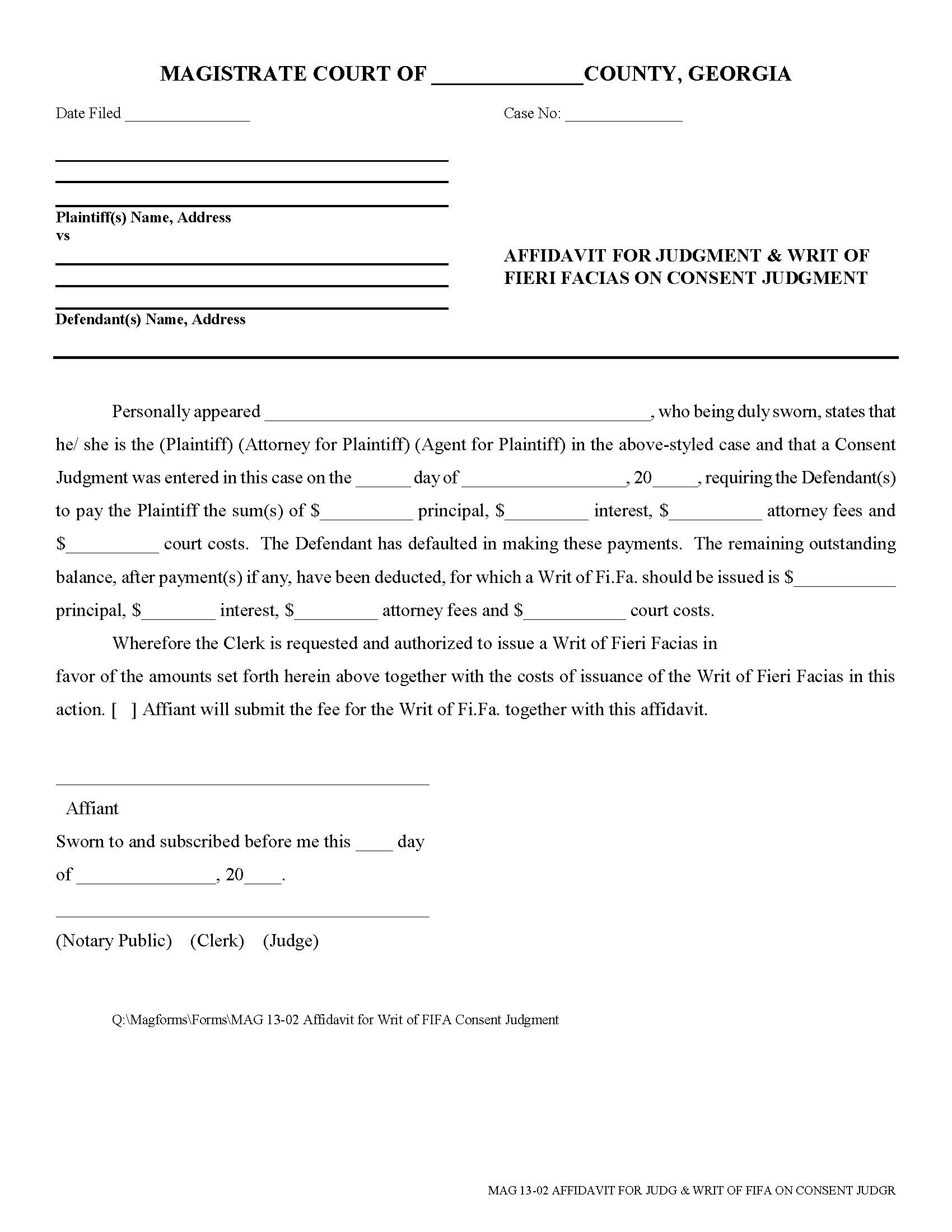 Affidavit For Judgment And Writ Of Fieri Facias | Pdf Fpdf Docx | Georgia