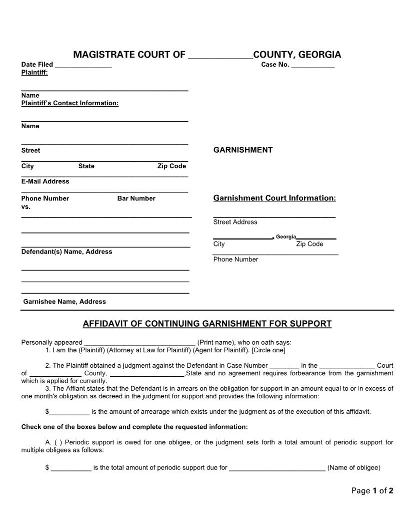 Affidavit Of Continuing Garnishment For Support | Pdf Fpdf Doc Docx | Georgia
