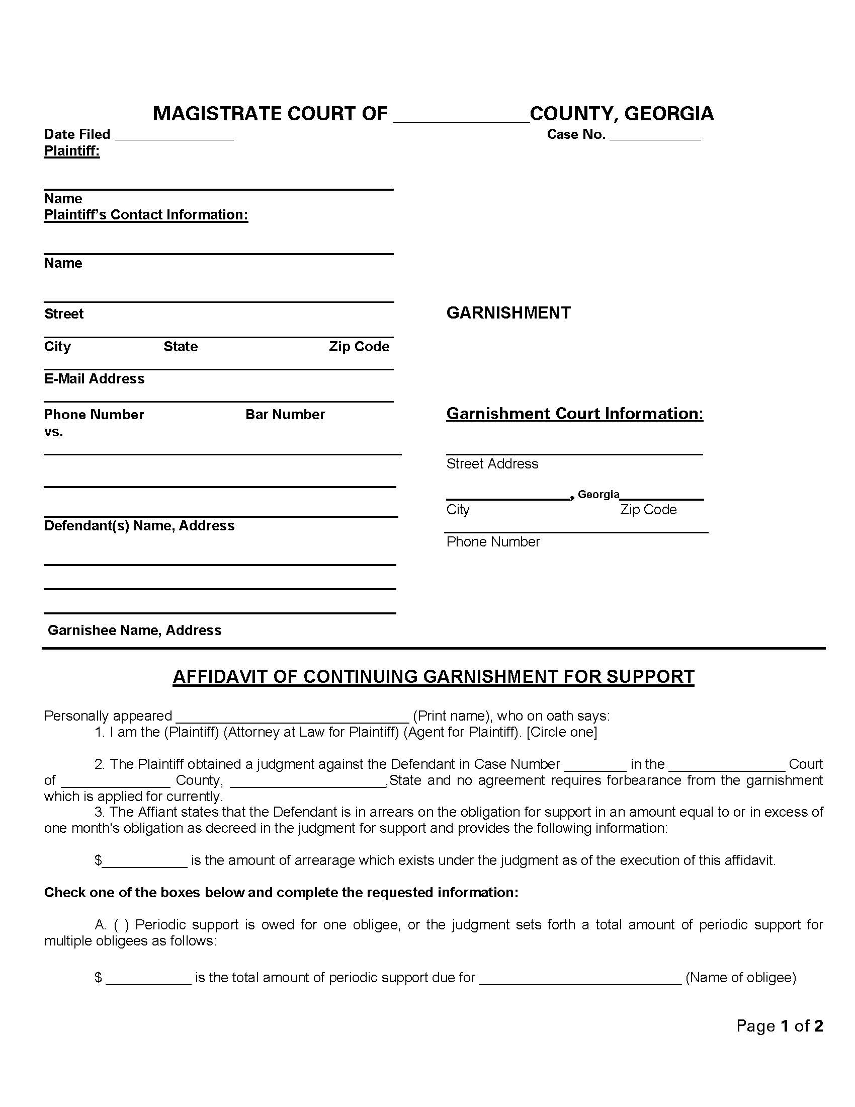 Affidavit Of Continuing Garnishment For Support | Pdf Fpdf Doc Docx | Georgia