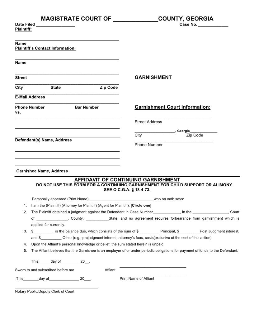 Affidavit Of Continuing Garnishment | Pdf Fpdf Doc Docx | Georgia