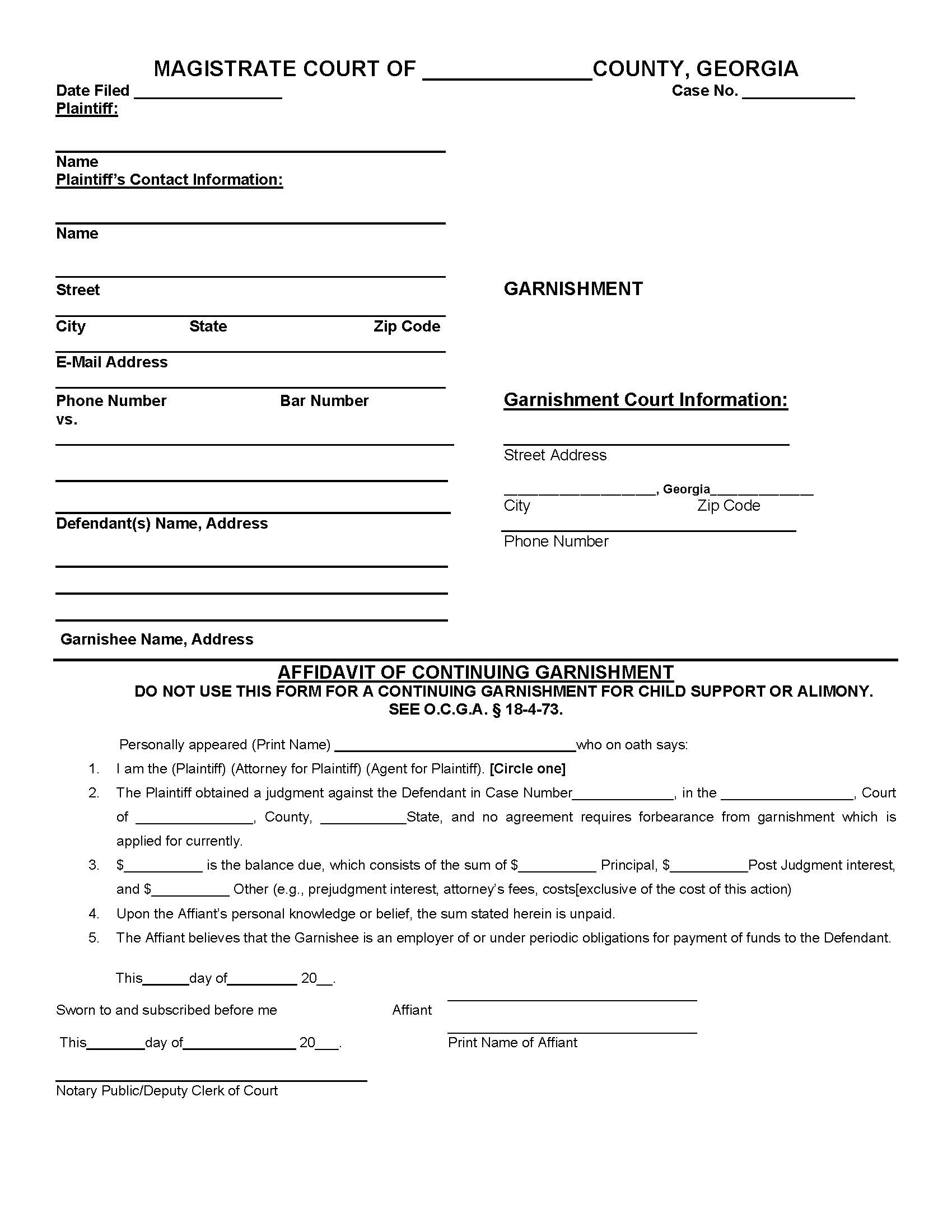 Affidavit Of Continuing Garnishment | Pdf Fpdf Doc Docx | Georgia
