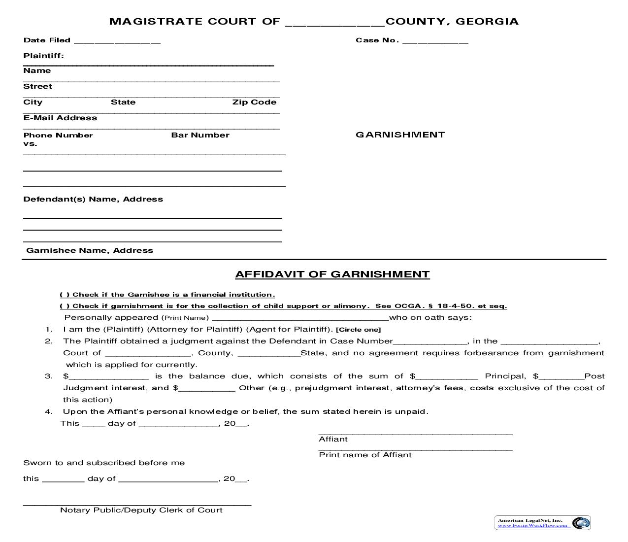 Affidavit Of Garnishment | Pdf Fpdf Doc Docx | Georgia