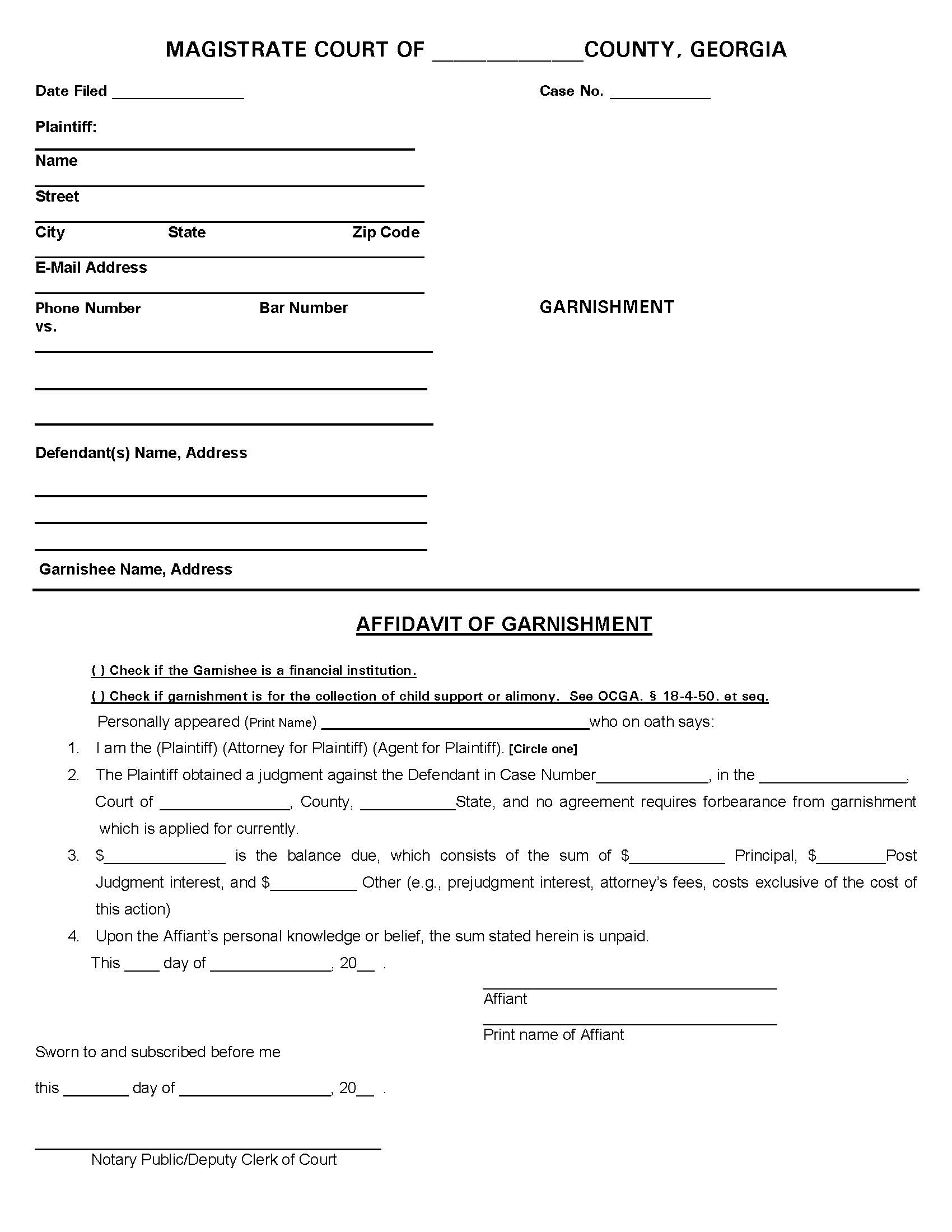 Affidavit Of Garnishment | Pdf Fpdf Doc Docx | Georgia
