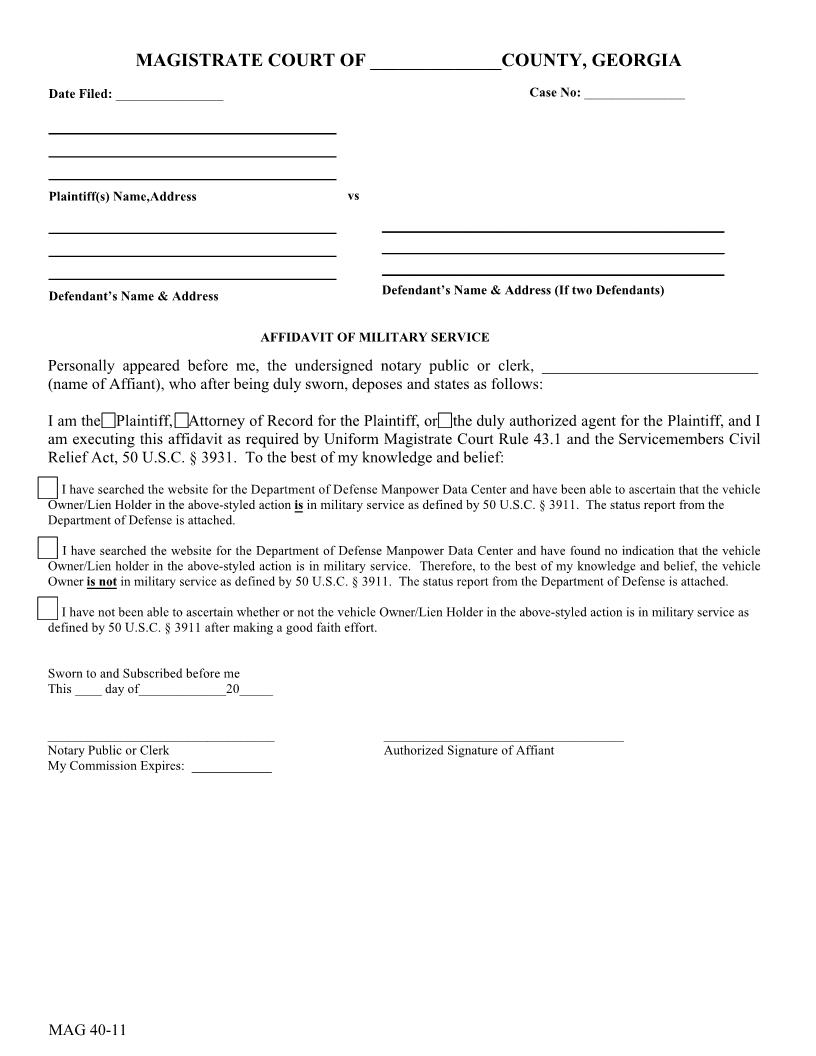 Affidavit Of Military Service {MAG 40-11} | Pdf Fpdf Docx | Georgia