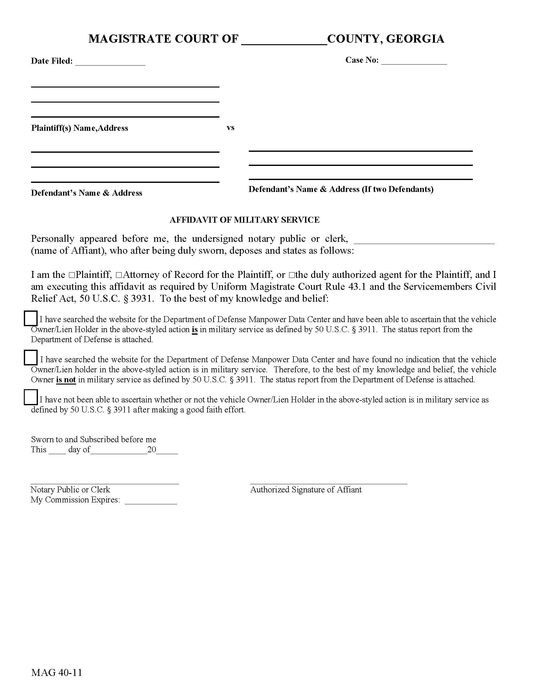Affidavit Of Military Service {MAG 40-11} | Pdf Fpdf Docx | Georgia