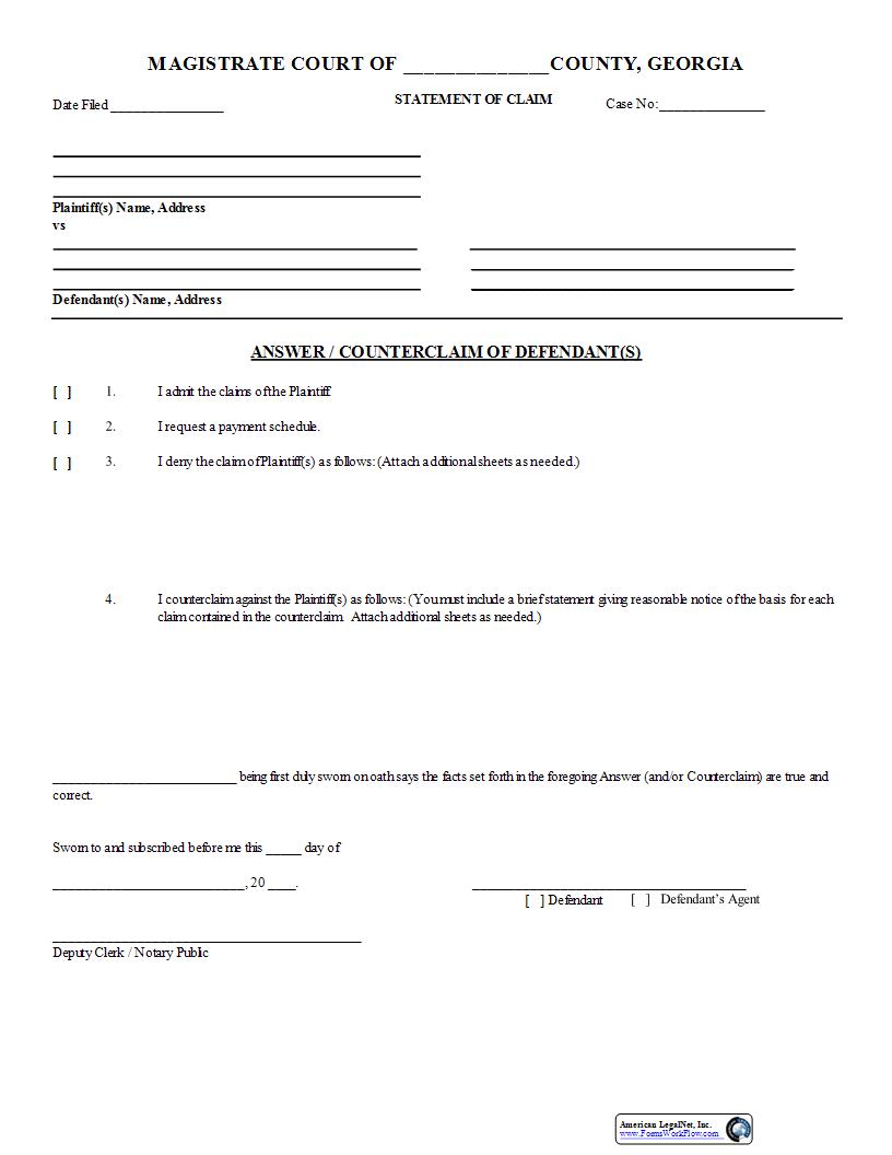 Answer Counterclaim Of Defendant(s) | Pdf Fpdf Docx | Georgia