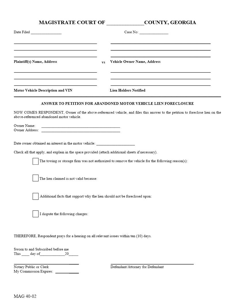 Answer To Petition For Abandoned Motor Vehicle Lien Foreclosure {MAG 40-02} | Pdf Fpdf Docx | Georgia
