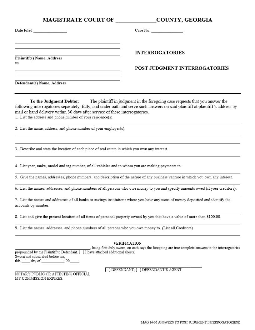 Answers To Post Judgment Interrogatories | Pdf Fpdf Docx | Georgia