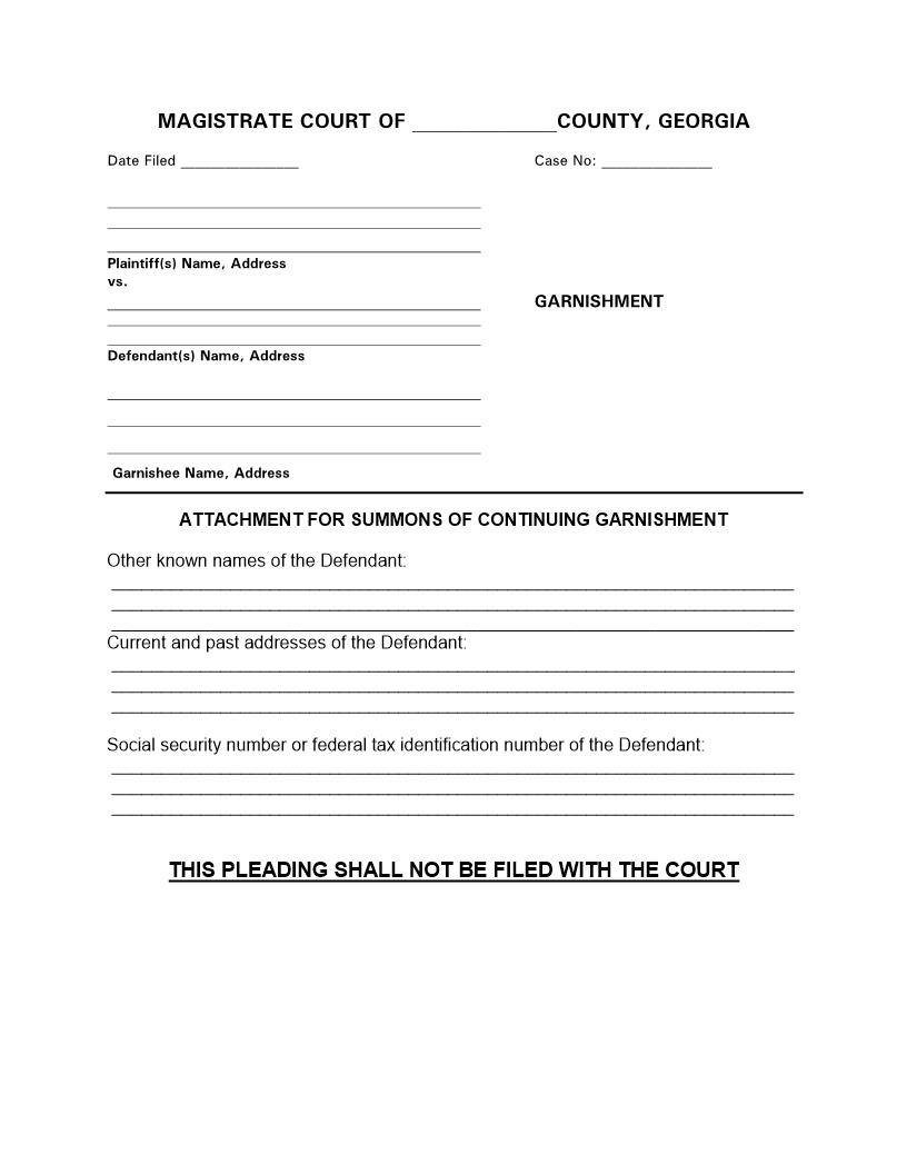 Attachment For Summons Of Continuing Garnishment | Pdf Fpdf Docx | Georgia