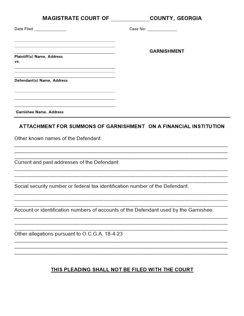 Attachment For Summons Of Garnishment On A Financial Institution | Pdf Fpdf Docx | Georgia