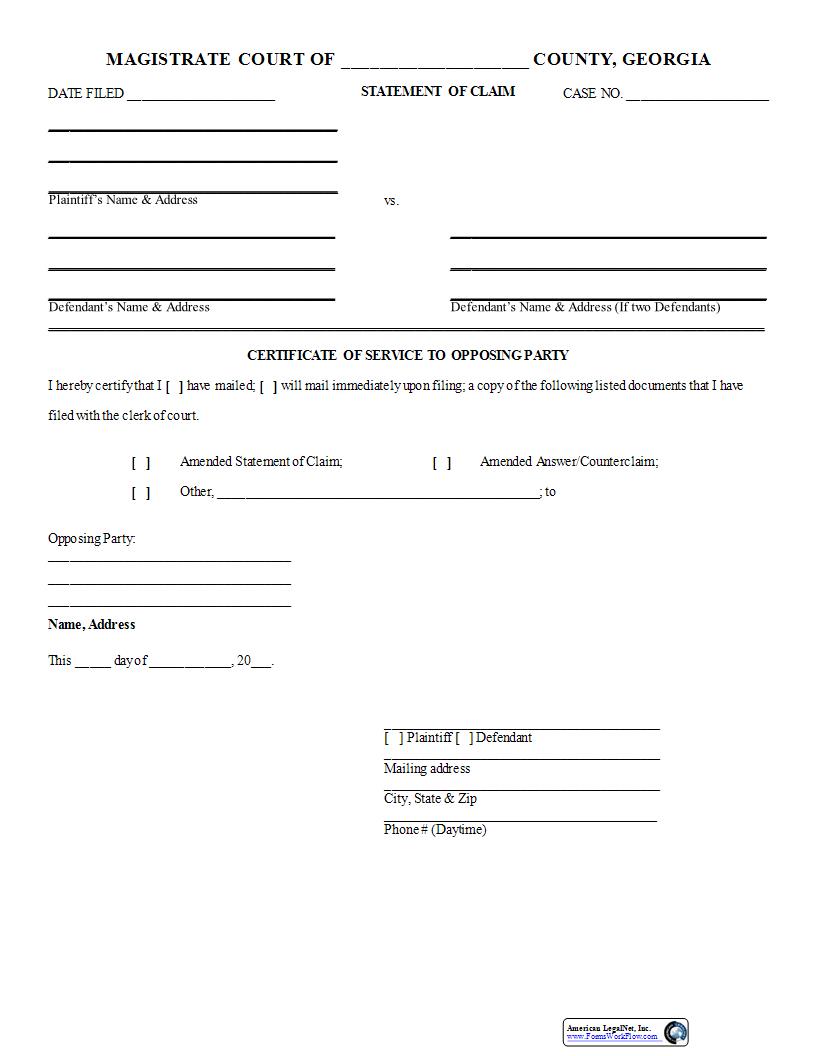 Certificate Of Service To Opposing Party | Pdf Fpdf Docx | Georgia