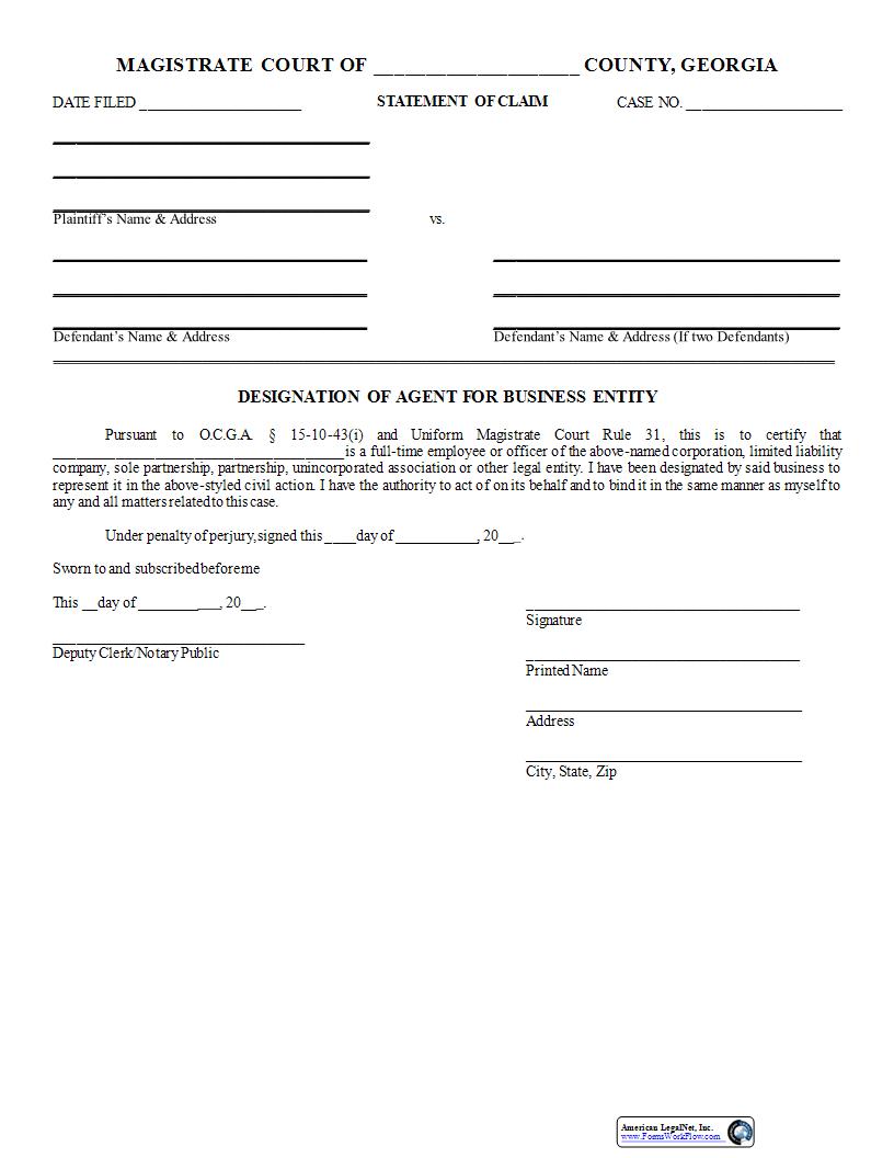 Designation Of Agent For Business Entity | Pdf Fpdf Docx | Georgia