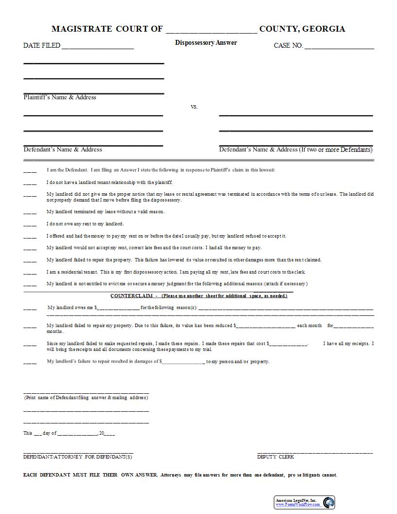 Dispossessory Answer | Pdf Fpdf Docx | Georgia